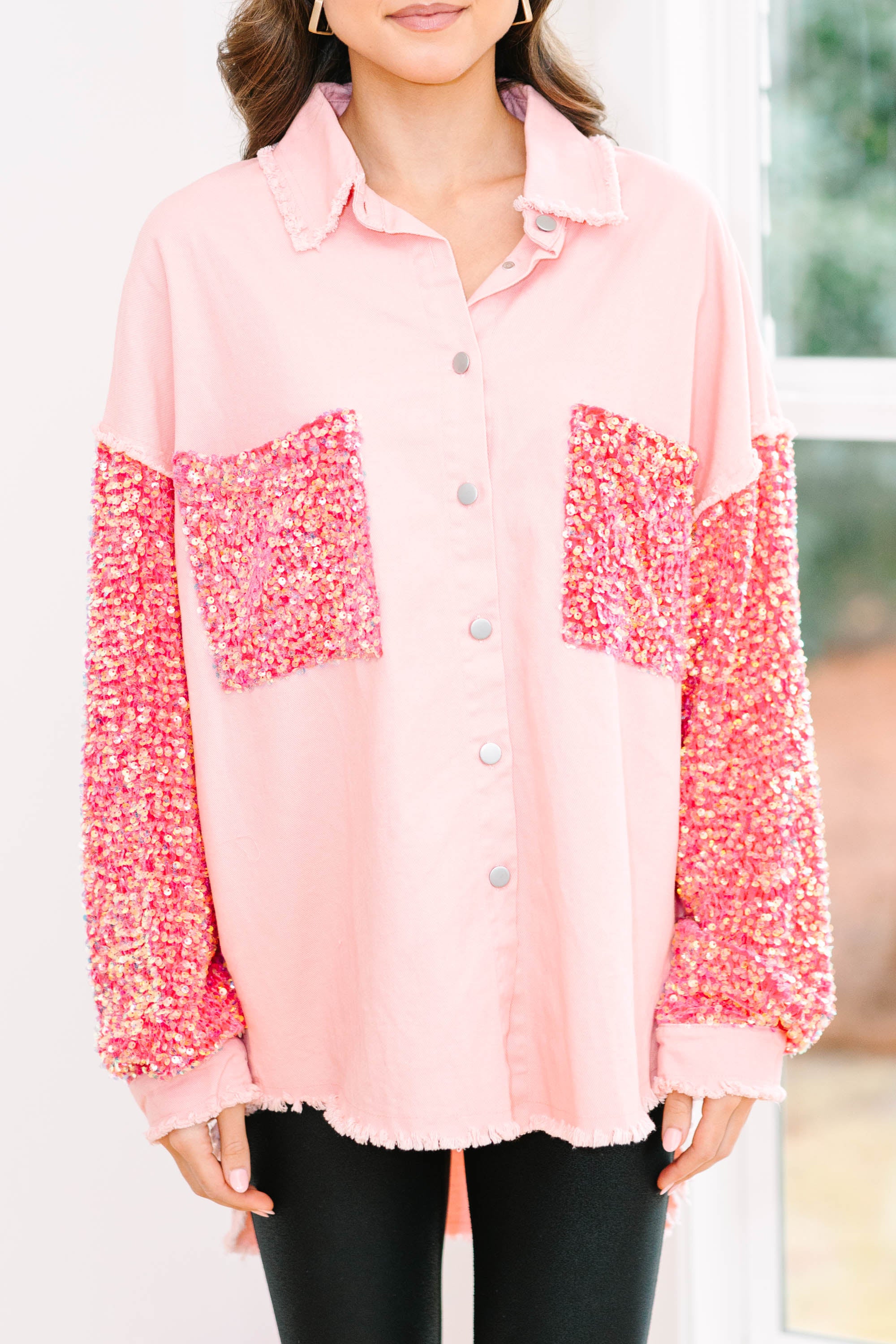 Let's Go Peach Pink Sequin Sleeve Shacke...