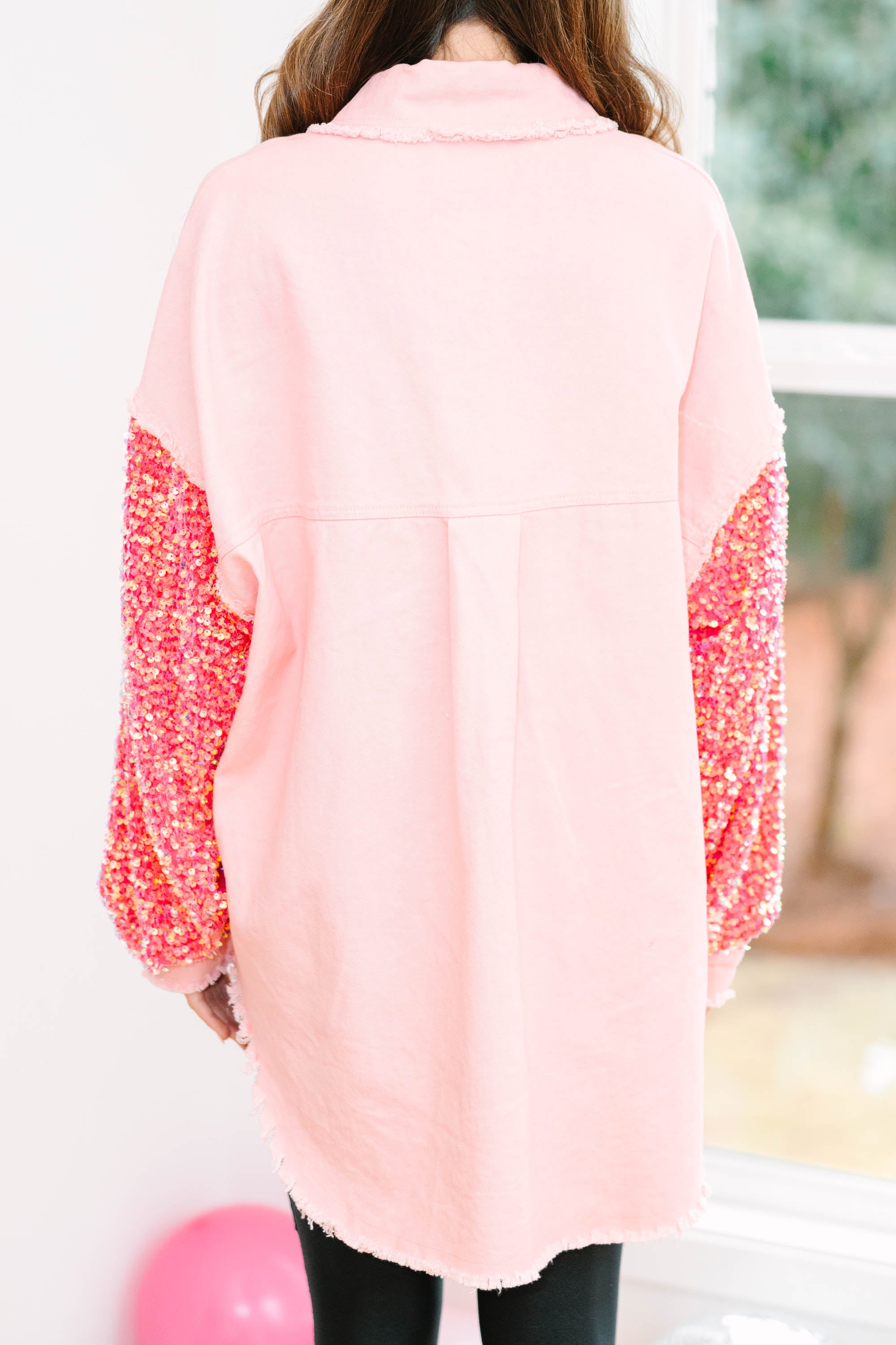 Let's Go Peach Pink Sequin Sleeve Shacket